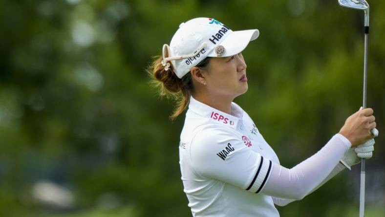 Sep 9, 2023; Cincinnati, Ohio, USA; Minjee Lee, of Perth, Australia, lowers her club after hitting an approach shot on the first hole at the 2023 Kroger Queen City Championship presented by P&G at Kenwood Country Club. Mandatory Credit: Carter Skaggs/The Enquirer-USA TODAY Sports