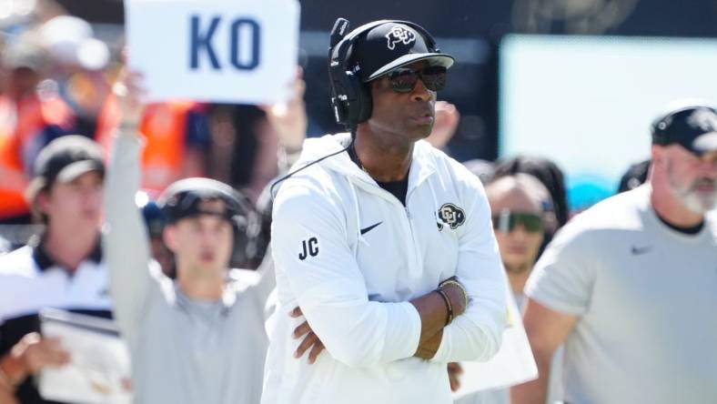 Sep 9, 2023; Boulder, Colorado, USA; Colorado Buffaloes head coach Deion Sanders on the sidelines in the third quarter against the Nebraska Cornhuskers at Folsom Field. Mandatory Credit: Ron Chenoy-USA TODAY Sports