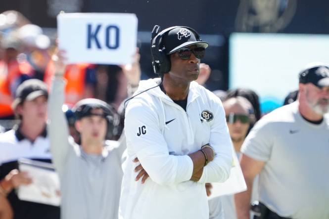 Sep 9, 2023; Boulder, Colorado, USA; Colorado Buffaloes head coach Deion Sanders on the sidelines in the third quarter against the Nebraska Cornhuskers at Folsom Field. Mandatory Credit: Ron Chenoy-USA TODAY Sports