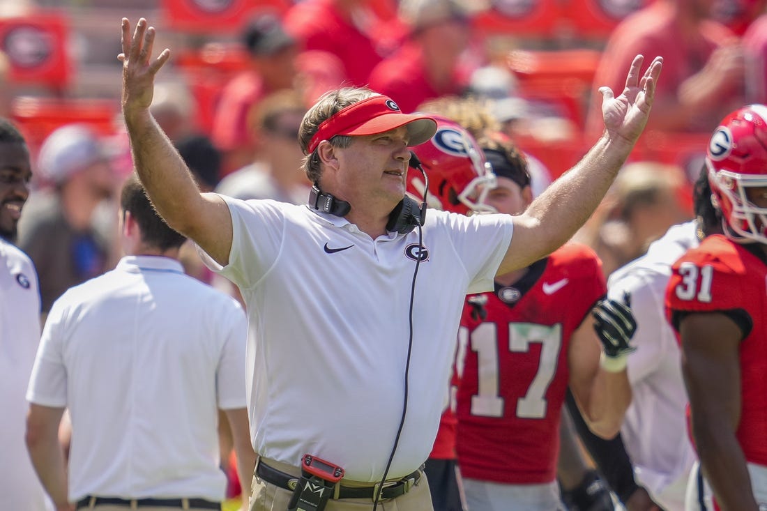 Sep 9, 2023; Athens, Georgia, USA; Georgia Bulldogs head coach Kirby Smart reacts to the game against the Ball State Cardinals during the second half at Sanford Stadium. Mandatory Credit: Dale Zanine-USA TODAY Sports