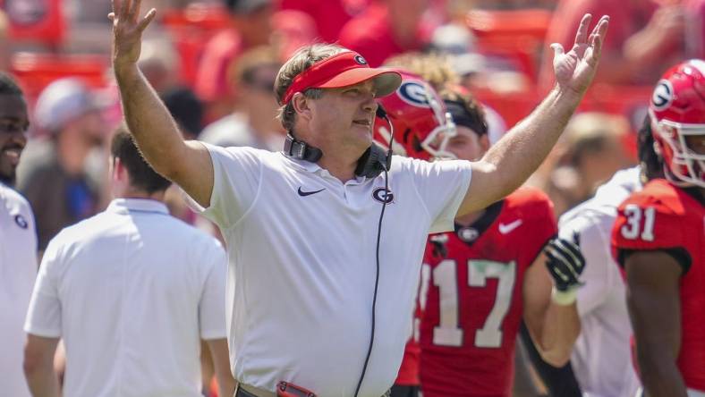 Sep 9, 2023; Athens, Georgia, USA; Georgia Bulldogs head coach Kirby Smart reacts to the game against the Ball State Cardinals during the second half at Sanford Stadium. Mandatory Credit: Dale Zanine-USA TODAY Sports