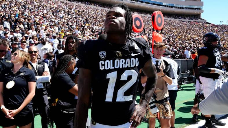 Sep 9, 2023; Boulder, Colorado, USA; Colorado Buffaloes cornerback Travis Hunter (12) following the game against the Nebraska Cornhuskers at Folsom Field. Mandatory Credit: Ron Chenoy-USA TODAY Sports