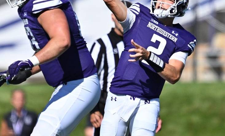 Sep 9, 2023; Evanston, Illinois, USA;  Northwestern Wildcats quarterback Ben Bryant (2) passes in the first half against the University of Texas El Paso Miners at Ryan Field. Mandatory Credit: Jamie Sabau-USA TODAY Sports