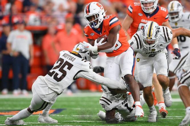 Sep 9, 2023; Syracuse, New York, USA; Syracuse Orange running back Juwaun Price (28) runs with the ball as Western Michigan Broncos cornerback Aaron Wofford (25) defends during the first half at the JMA Wireless Dome. Mandatory Credit: Rich Barnes-USA TODAY Sports