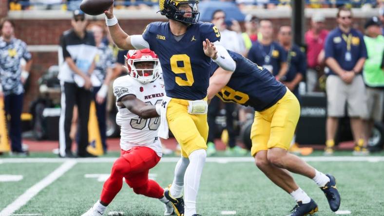 Michigan quarterback J.J. McCarthy (9) makes a pass against UNLV during the first half at Michigan Stadium in Ann Arbor on Saturday, Sept. 9, 2023.