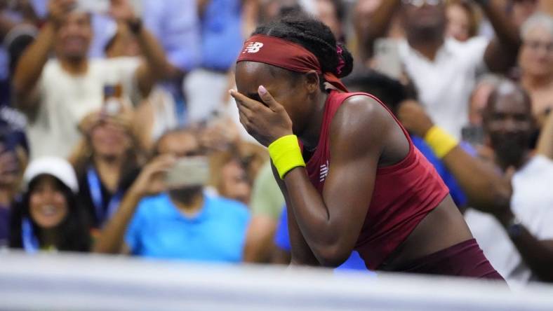 Sep 9, 2023; Flushing, NY, USA; Coco Gauff of the United States celebrates match point against Aryna Sabalenka to win the women's singles final on day thirteen of the 2023 U.S. Open tennis tournament at USTA Billie Jean King Tennis Center. Mandatory Credit: Robert Deutsch-USA TODAY Sports