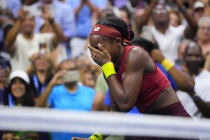 Sep 9, 2023; Flushing, NY, USA; Coco Gauff of the United States celebrates match point against Aryna Sabalenka to win the women's singles final on day thirteen of the 2023 U.S. Open tennis tournament at USTA Billie Jean King Tennis Center. Mandatory Credit: Robert Deutsch-USA TODAY Sports