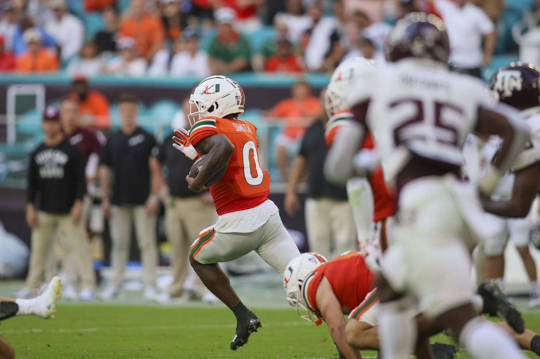 Sep 9, 2023; Miami Gardens, Florida, USA; Miami Hurricanes wide receiver Brashard Smith (0) returns the football for a touchdown against the Texas A&M Aggies during the third quarter at Hard Rock Stadium. Mandatory Credit: Sam Navarro-USA TODAY Sports