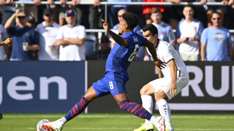 Sep 9, 2023; St. Louis, Missouri, UNITED STATES; United States' Weston McKennie (8) during the match against Uzbekistan at CITY Park. Mandatory Credit: Scott Rovak-USA TODAY Sports