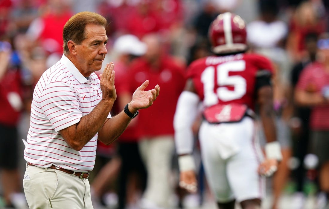 Sep 9, 2023; Tuscaloosa, Alabama, USA; Alabama Crimson Tide head coach Nick Saban cheers on his players before their game against the Texas Longhorns at Bryant-Denny Stadium. Mandatory Credit: John David Mercer-USA TODAY Sports