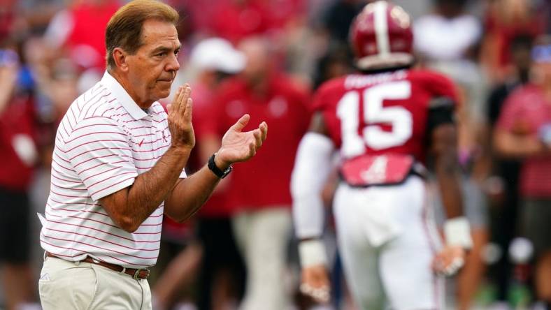 Sep 9, 2023; Tuscaloosa, Alabama, USA; Alabama Crimson Tide head coach Nick Saban cheers on his players before their game against the Texas Longhorns at Bryant-Denny Stadium. Mandatory Credit: John David Mercer-USA TODAY Sports