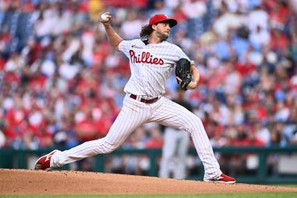 Sep 9, 2023; Philadelphia, Pennsylvania, USA; Philadelphia Phillies starting pitcher Aaron Nola (27) throws a pitch against the Miami Marlins in the first inning at Citizens Bank Park. Mandatory Credit: Kyle Ross-USA TODAY Sports