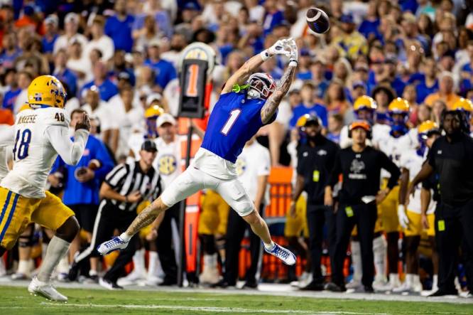 Sep 9, 2023; Gainesville, Florida, USA; Florida Gators wide receiver Ricky Pearsall (1) misses a catch as McNeese State Cowboys linebacker Micah Davey (48) runs to defend during the first half at Ben Hill Griffin Stadium. Mandatory Credit: Matt Pendleton-USA TODAY Sports