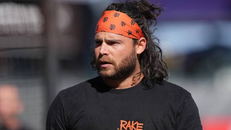 Sep 9, 2023; San Francisco, California, USA; San Francisco Giants shortstop Brandon Crawford (35) walks on the field before the game against the Colorado Rockies at Oracle Park. Mandatory Credit: Darren Yamashita-USA TODAY Sports