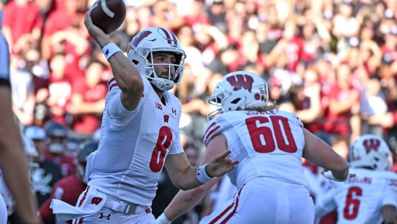 Sep 9, 2023; Pullman, Washington, USA; Wisconsin Badgers quarterback Tanner Mordecai (8) throws a pass against the Washington State Cougars in the first half at Gesa Field at Martin Stadium. Mandatory Credit: James Snook-USA TODAY Sports