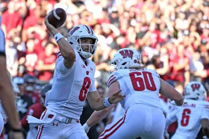 Sep 9, 2023; Pullman, Washington, USA; Wisconsin Badgers quarterback Tanner Mordecai (8) throws a pass against the Washington State Cougars in the first half at Gesa Field at Martin Stadium. Mandatory Credit: James Snook-USA TODAY Sports