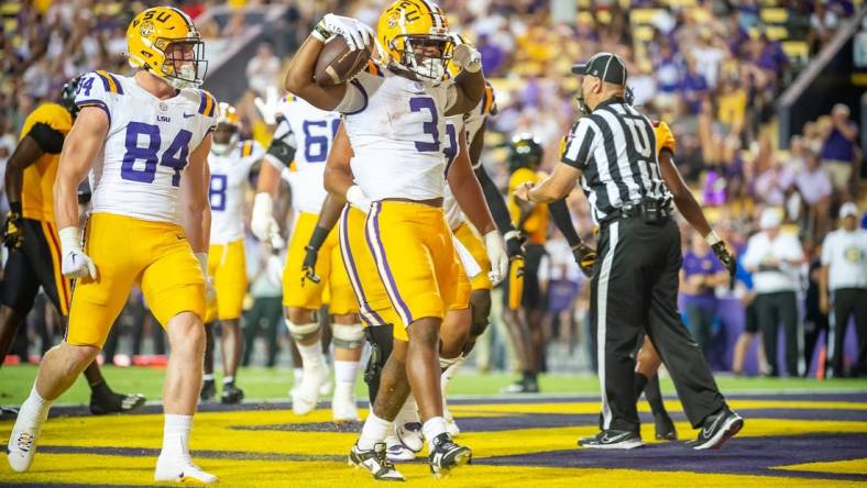 Runningback Logan Diggs 3 runs the ball as the LSU Tigers take on Grambling State at Tiger Stadium in Baton Rouge, Louisiana, Saturday, Sept. 9, 2023.