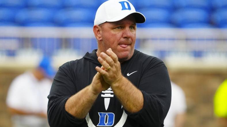 Sep 9, 2023; Durham, North Carolina, USA;  Duke Blue Devils head coach Mike Elko looks on before the game against the Lafayette Leopards at Wallace Wade Stadium. Mandatory Credit: James Guillory-USA TODAY Sports