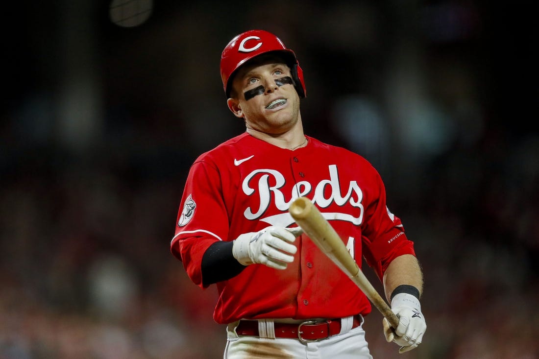 Sep 9, 2023; Cincinnati, Ohio, USA; Cincinnati Reds center fielder Harrison Bader (4) reacts after a strike called in the fifth inning in the game against the St. Louis Cardinals at Great American Ball Park. Mandatory Credit: Katie Stratman-USA TODAY Sports