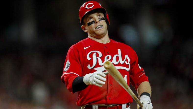 Sep 9, 2023; Cincinnati, Ohio, USA; Cincinnati Reds center fielder Harrison Bader (4) reacts after a strike called in the fifth inning in the game against the St. Louis Cardinals at Great American Ball Park. Mandatory Credit: Katie Stratman-USA TODAY Sports