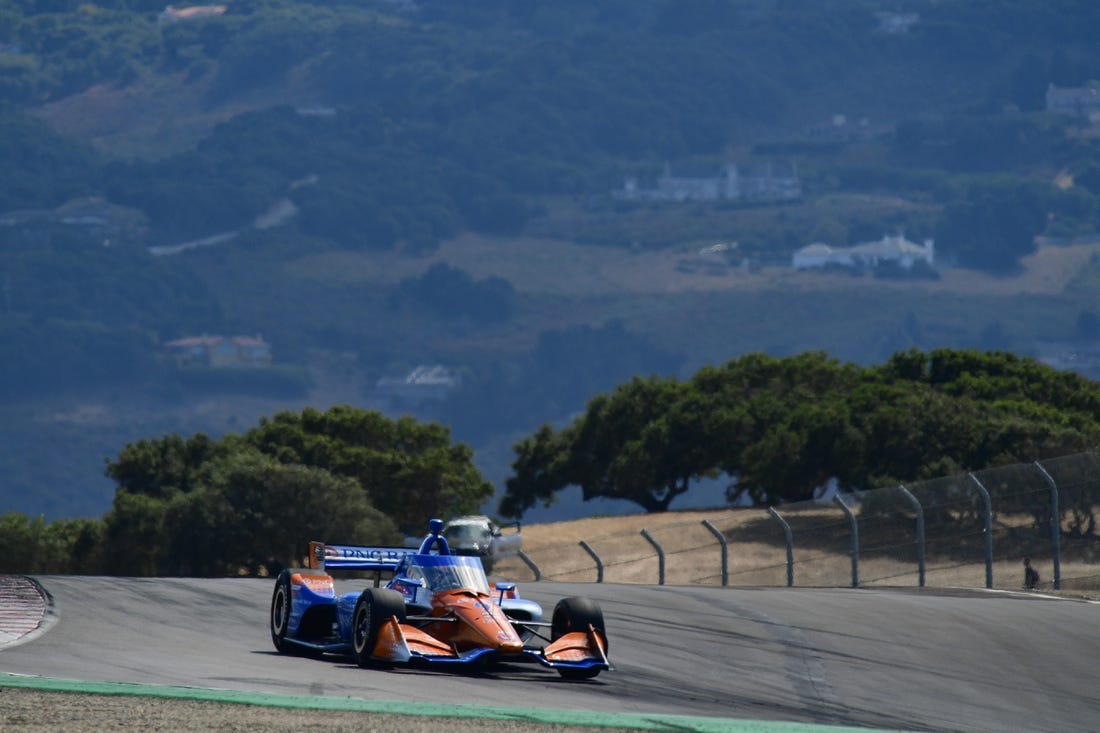 Sep 9, 2023; Salinas, California, USA; Chip Ganassi Racing driver Scott Dixon (9) of New Zealand during qualifying at WeatherTech Raceway Laguna Seca. Mandatory Credit: Gary A. Vasquez-USA TODAY Sports