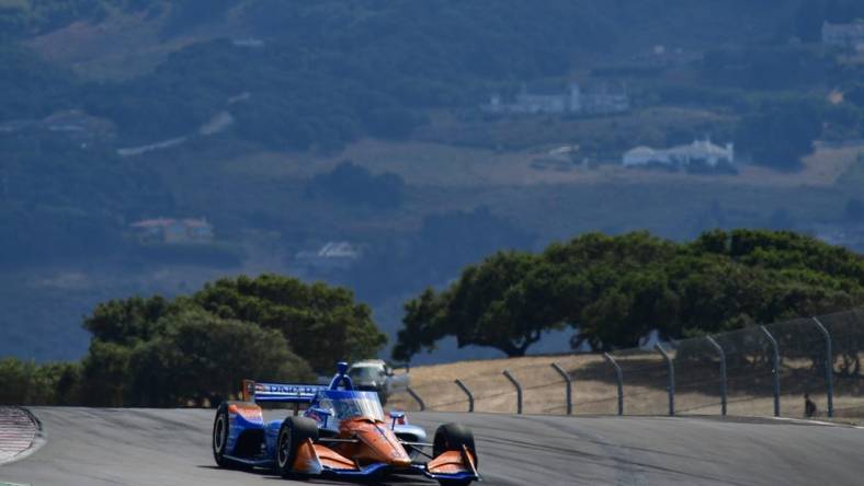 Sep 9, 2023; Salinas, California, USA; Chip Ganassi Racing driver Scott Dixon (9) of New Zealand during qualifying at WeatherTech Raceway Laguna Seca. Mandatory Credit: Gary A. Vasquez-USA TODAY Sports