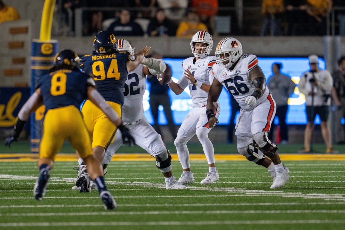 Sep 9, 2023; Berkeley, California, USA; Auburn Tigers quarterback Payton Thorne (1) prepares to pass the football during the second quarter against the California Golden Bears at California Memorial Stadium. Mandatory Credit: Neville E. Guard-USA TODAY Sports