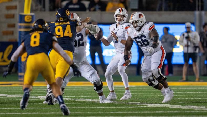 Sep 9, 2023; Berkeley, California, USA; Auburn Tigers quarterback Payton Thorne (1) prepares to pass the football during the second quarter against the California Golden Bears at California Memorial Stadium. Mandatory Credit: Neville E. Guard-USA TODAY Sports