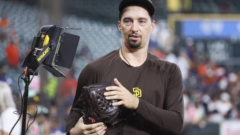 Sep 10, 2023; Houston, Texas, USA; San Diego Padres starting pitcher Blake Snell (4) walks to the dugout before the game against the Houston Astros at Minute Maid Park. Mandatory Credit: Troy Taormina-USA TODAY Sports