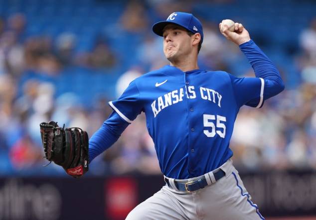 Sep 10, 2023; Toronto, Ontario, CAN; Kansas City Royals starting pitcher Cole Ragans (55) throws a pitch against the Toronto Blue Jays during the first inning at Rogers Centre. Mandatory Credit: Nick Turchiaro-USA TODAY Sports