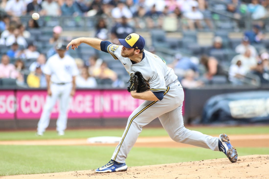 Sep 10, 2023; Bronx, New York, USA;  Milwaukee Brewers starting pitcher Corbin Burnes (39) pitches in the first inning against the New York Yankees at Yankee Stadium. Mandatory Credit: Wendell Cruz-USA TODAY Sports