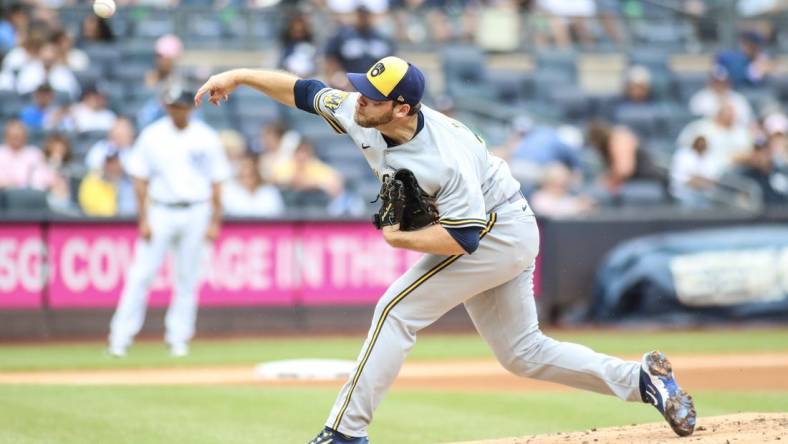 Sep 10, 2023; Bronx, New York, USA;  Milwaukee Brewers starting pitcher Corbin Burnes (39) pitches in the first inning against the New York Yankees at Yankee Stadium. Mandatory Credit: Wendell Cruz-USA TODAY Sports