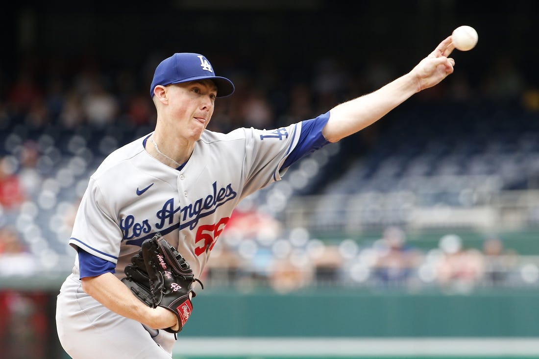 Sep 10, 2023; Washington, District of Columbia, USA; Los Angeles Dodgers starting pitcher Ryan Yarbrough (56) throws the ball in the first inning against the Washington Nationals at Nationals Park. Mandatory Credit: Amber Searls-USA TODAY Sports