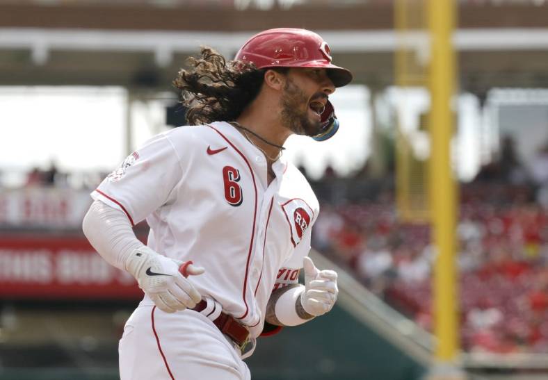 Sep 10, 2023; Cincinnati, Ohio, USA; Cincinnati Reds second baseman Jonathan India (6) reacts as he runs the bases after hitting a solo home run against the St. Louis Cardinals during the third inning at Great American Ball Park. Mandatory Credit: David Kohl-USA TODAY Sports