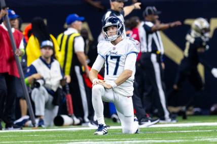 Sep 10, 2023; New Orleans, Louisiana, USA;  Tennessee Titans quarterback Ryan Tannehill (17) reacts to being tackled by the New Orleans Saints during the first half at the Caesars Superdome. Mandatory Credit: Stephen Lew-USA TODAY Sports