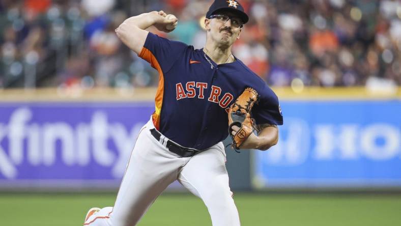 Sep 10, 2023; Houston, Texas, USA; Houston Astros starting pitcher J.P. France (68) delivers a pitch during the second inning against the San Diego Padres at Minute Maid Park. Mandatory Credit: Troy Taormina-USA TODAY Sports