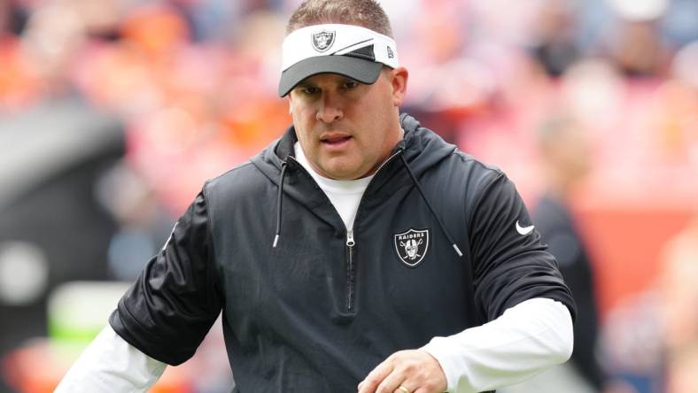 Sep 10, 2023; Denver, Colorado, USA;  Las Vegas Raiders head coach Josh McDaniels before the game against the Denver Broncos at Empower Field at Mile High. Mandatory Credit: Ron Chenoy-USA TODAY Sports