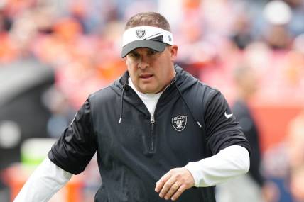 Sep 10, 2023; Denver, Colorado, USA;  Las Vegas Raiders head coach Josh McDaniels before the game against the Denver Broncos at Empower Field at Mile High. Mandatory Credit: Ron Chenoy-USA TODAY Sports