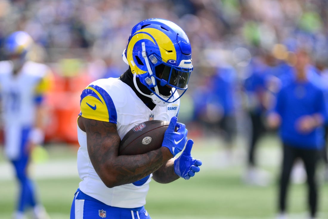 Sep 10, 2023; Seattle, Washington, USA; Los Angeles Rams running back Cam Akers (3) prior to the game against the Seattle Seahawks at Lumen Field. Mandatory Credit: Steven Bisig-USA TODAY Sports