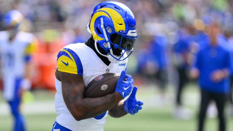 Sep 10, 2023; Seattle, Washington, USA; Los Angeles Rams running back Cam Akers (3) prior to the game against the Seattle Seahawks at Lumen Field. Mandatory Credit: Steven Bisig-USA TODAY Sports