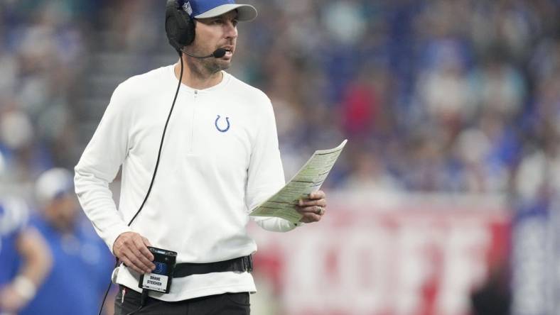 Sep 10, 2023; Indianapolis, Indiana, USA; Indianapolis Colts head coach Shane Shane Steichen watches the action on the field Sunday, Sept. 10, 2023, during a game against the Jacksonville Jaguars at Lucas Oil Stadium. Mandatory Credit: Jenna Watson-USA TODAY Sports