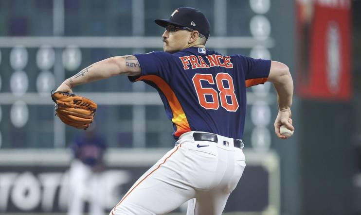 Sep 10, 2023; Houston, Texas, USA; Houston Astros starting pitcher J.P. France (68) pitches during the game against the San Diego Padres at Minute Maid Park. Mandatory Credit: Troy Taormina-USA TODAY Sports