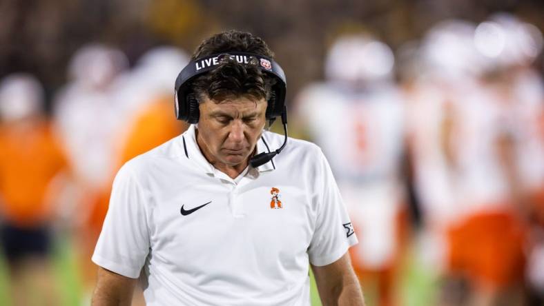 Sep 9, 2023; Tempe, Arizona, USA; Oklahoma State Cowboys head coach Mike Gundy reacts against the Arizona State Sun Devils at Mountain America Stadium. Mandatory Credit: Mark J. Rebilas-USA TODAY Sports