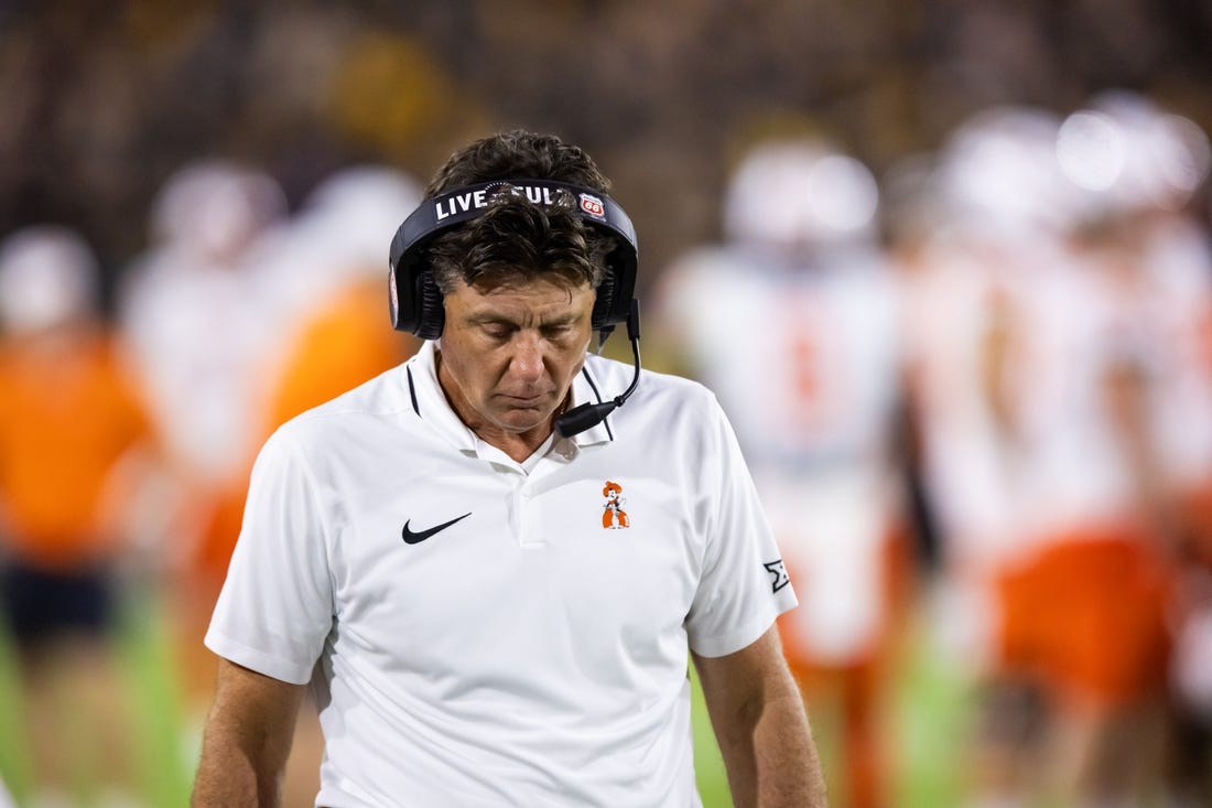 Sep 9, 2023; Tempe, Arizona, USA; Oklahoma State Cowboys head coach Mike Gundy reacts against the Arizona State Sun Devils at Mountain America Stadium. Mandatory Credit: Mark J. Rebilas-USA TODAY Sports