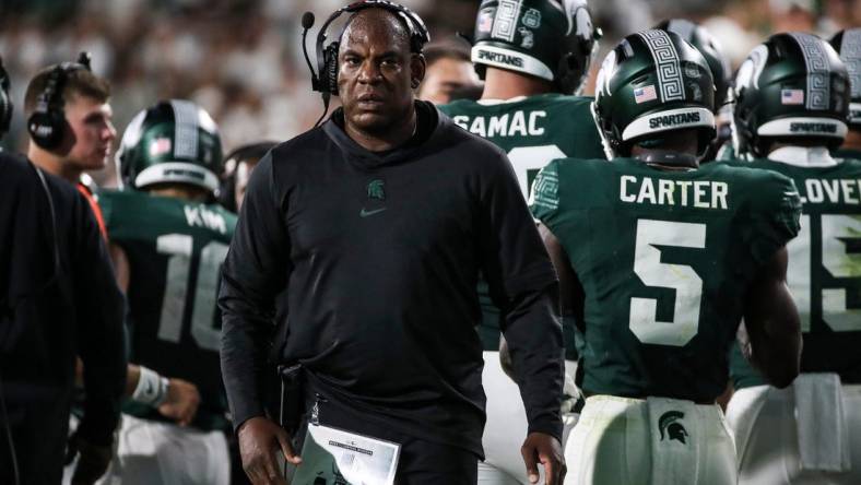 Michigan State coach Mel Tucker looks on after a touchdown against Central Michigan during the second half at Spartan Stadium in East Lansing on Sept. 1, 2023.