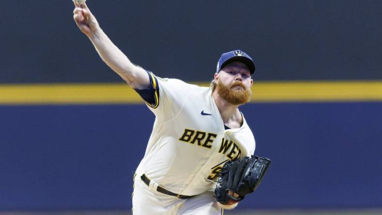 Sep 11, 2023; Milwaukee, Wisconsin, USA;  Milwaukee Brewers pitcher Brandon Woodruff (53) throws a pitch during the first inning against the Miami Marlins at American Family Field. Mandatory Credit: Jeff Hanisch-USA TODAY Sports