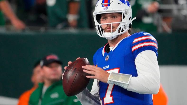 Sep 11, 2023; East Rutherford, New Jersey, USA; Buffalo Bills quarterback Josh Allen (17) looks on before the game against the New York Jets at MetLife Stadium. Mandatory Credit: Robert Deutsch-USA TODAY Sports