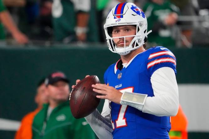 Sep 11, 2023; East Rutherford, New Jersey, USA; Buffalo Bills quarterback Josh Allen (17) looks on before the game against the New York Jets at MetLife Stadium. Mandatory Credit: Robert Deutsch-USA TODAY Sports