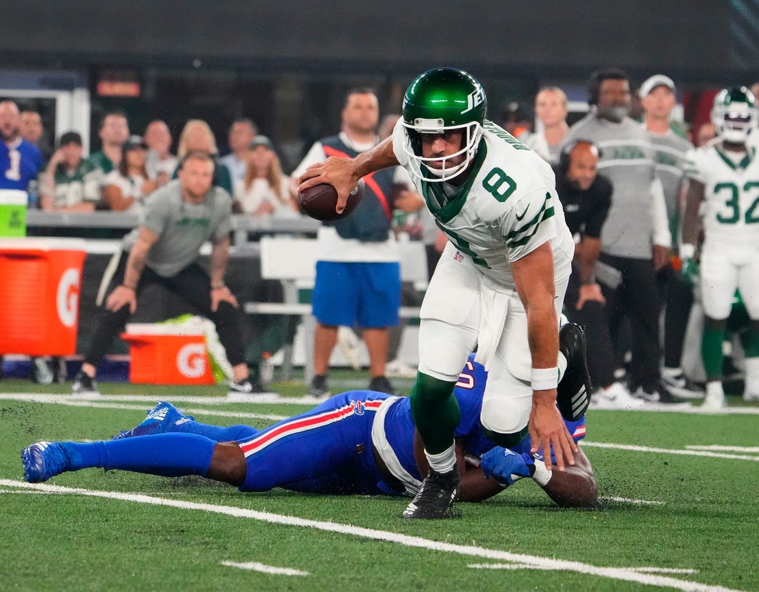 Sep 11, 2023; East Rutherford, New Jersey, USA; Buffalo Bills defensive end Greg Rousseau (50) pressures New York Jets quarterback Aaron Rodgers (8) during the first quarter at MetLife Stadium. Mandatory Credit: Robert Deutsch-USA TODAY Sports