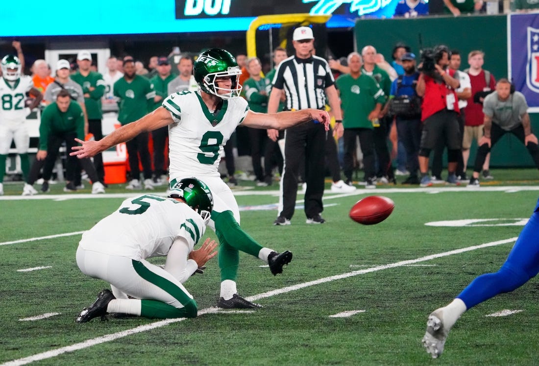 Sep 11, 2023; East Rutherford, New Jersey, USA; New York Jets place kicker Greg Zuerlein (9) kicks a field goal in the fourth quarter against the Buffalo Bills at MetLife Stadium. Mandatory Credit: Robert Deutsch-USA TODAY Sports